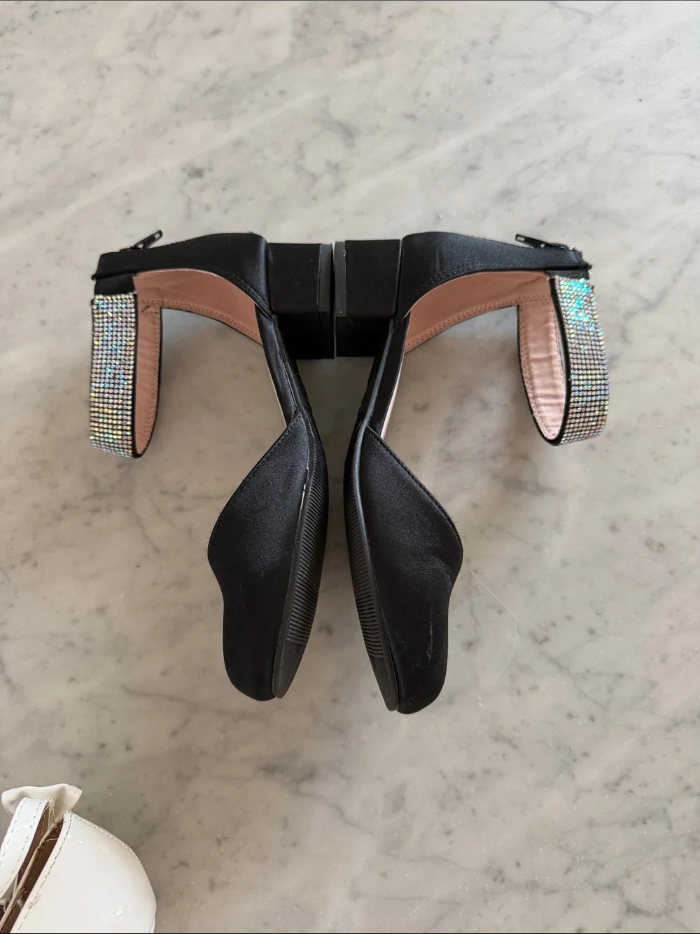 Black Ankle-Strap Flats with Rhinestone Trim